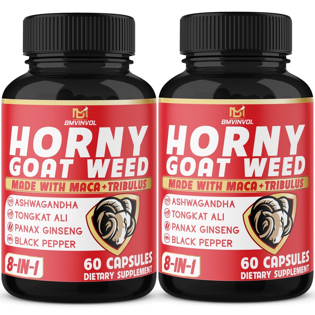 BMVINVOL (2 pakker) Horny Goat Weed kapsler med Maca, Tribulus, Ginseng. Ashwagandha,Tongkat Ali - 8-i-1 for støtteenerginivå