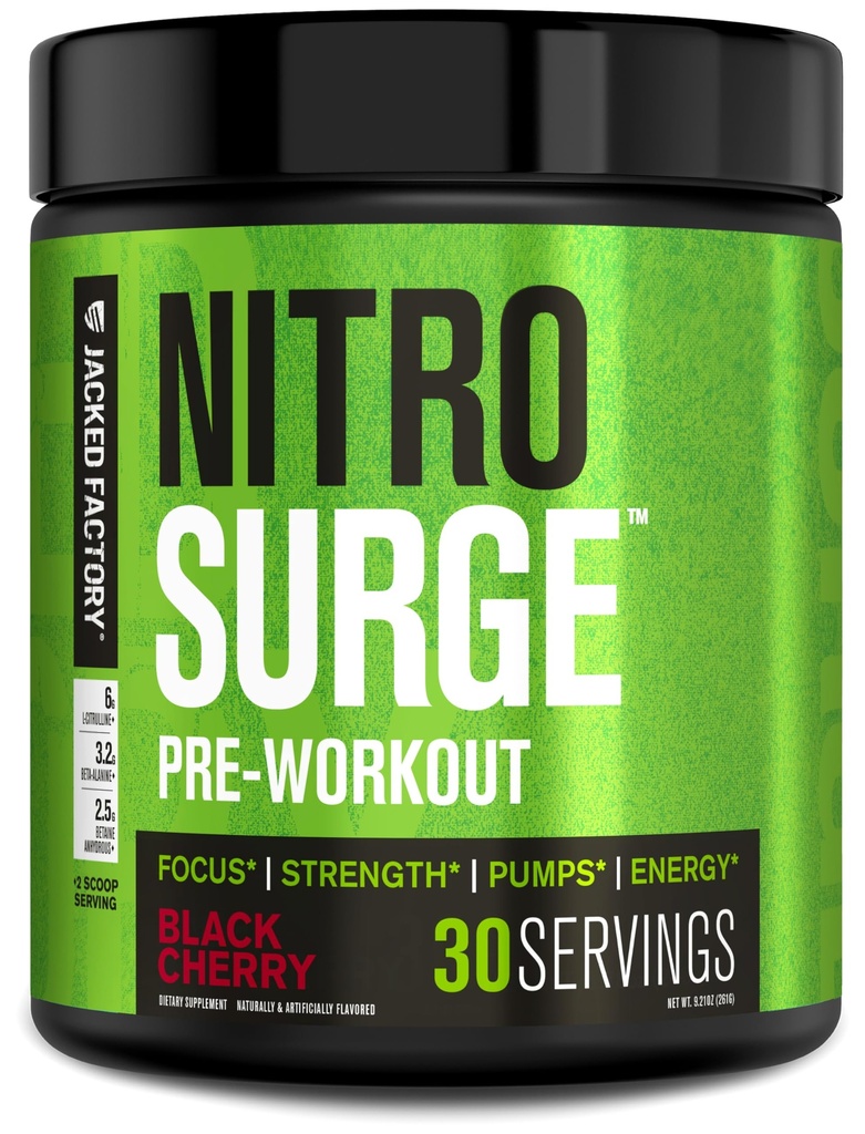 Jacked Factory NITROSURGE Pre Workout Supplement - Endless Energy, Instant Strength Gains, Clear Focus og Intense Pumper - Ingen Booster & Kraftig Preworkout Energipulver - 30 Serveringer, Svart Cherry
