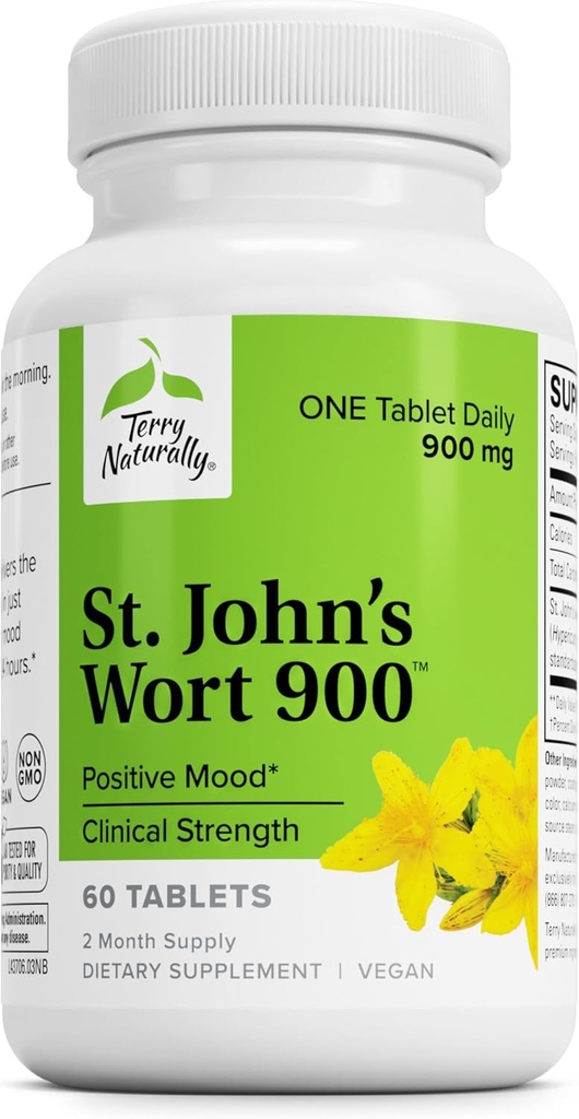 Terry naturlig St John's Wort 900-60 tabletter - gir full klinisk dose - ikke-GMO, Vegan, Glutenfri - 60 Services