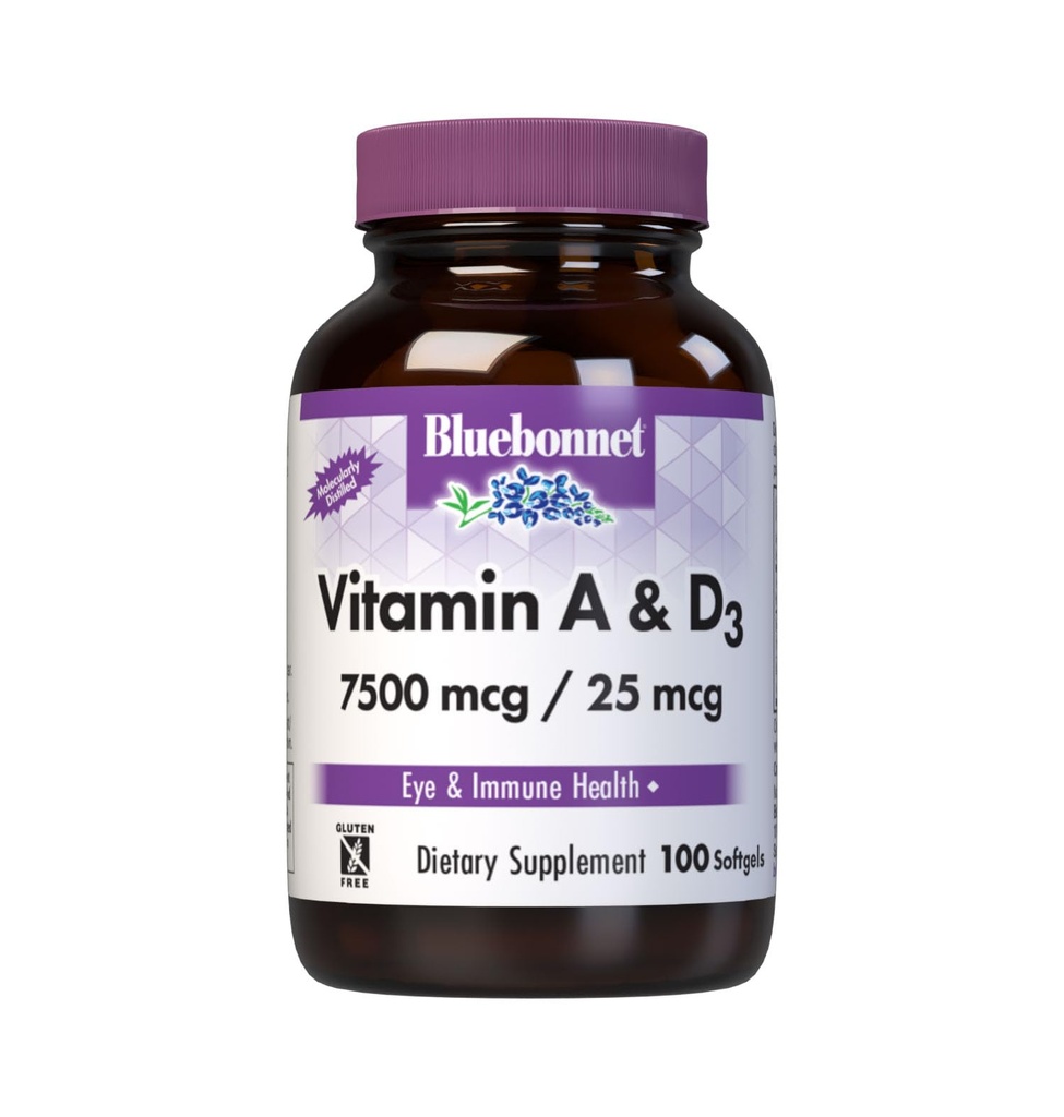 Blåbonnet ernæringsvitamin A & D3 25 000 IU / 1000 IU fra Deep Sea, kaldt vann, fiskeolje - For øyehelse og immunfunksjon* - Glutenfri - Laurfri - Molekylært destillert - 100 Softgel/Servings