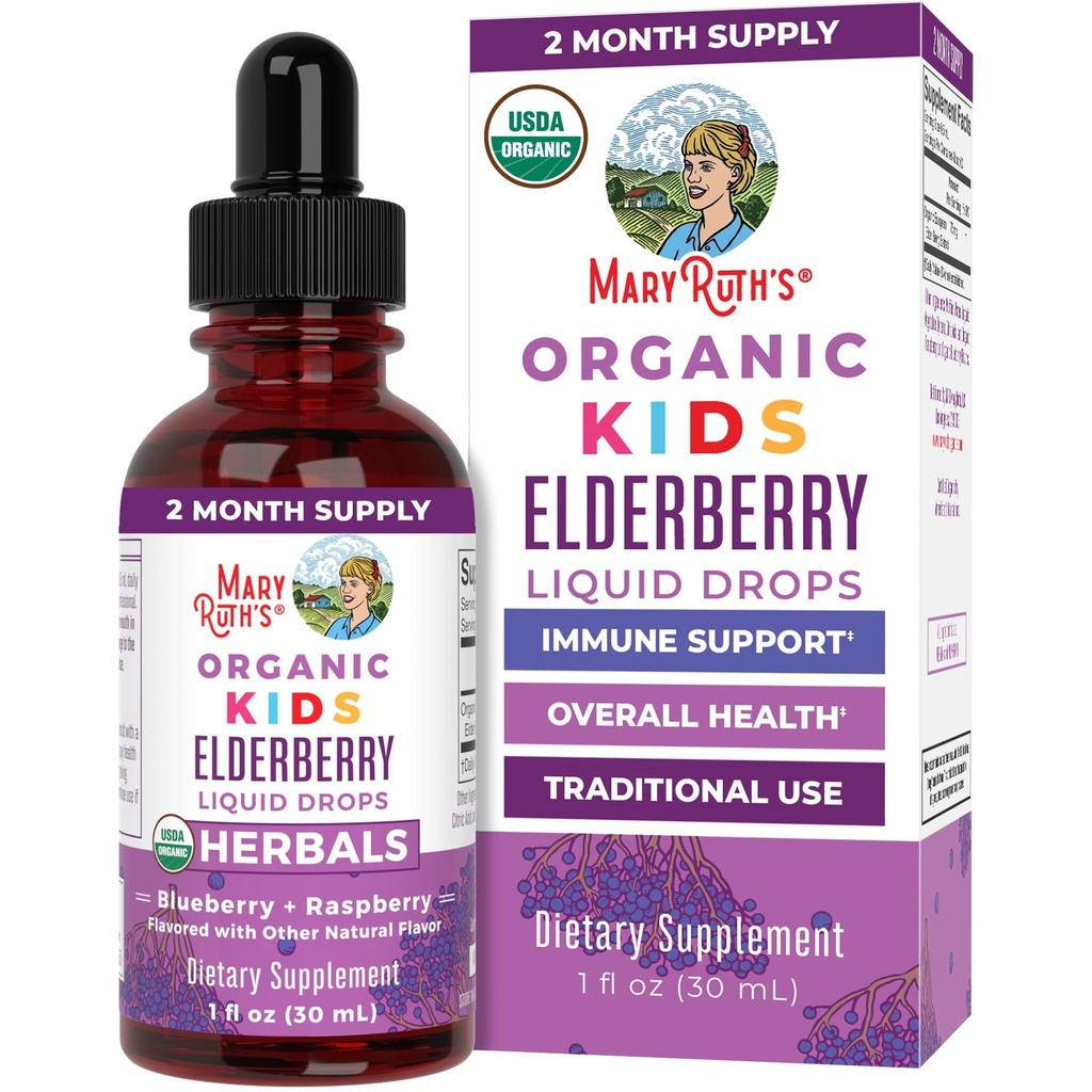 MaryRuth Organics USDA Organic Elderberry flytende dråper for barn | Vegan Elderberry ekstrakt Organic Glycerin | Immune Support Supplement | Overordnet Helse | Formulert for aldre 4-13 | 1oz