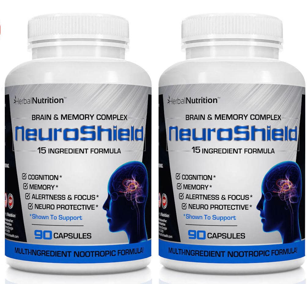 NeuroShield, Brain Supplement et nootropisk hjerneforsterker og minne Supplement, Inneholder Huperzine A, Ginko Biloba, Bacopa Plus Antioksidanter for hjernehelse, multi-ingredienser, 2 flasker, 180 kapsler