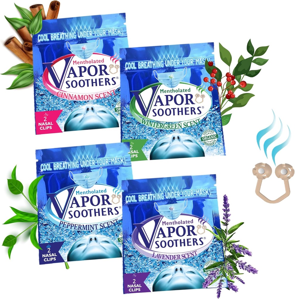 Nasal Dilator Clips, kule og lett å puste under masken, 4-sentrert variasjonspakke (Peppermint, vintergrønn, kanel, lavendel), 8 greve, Instant Nasal Congestion Relief, Drug-free
