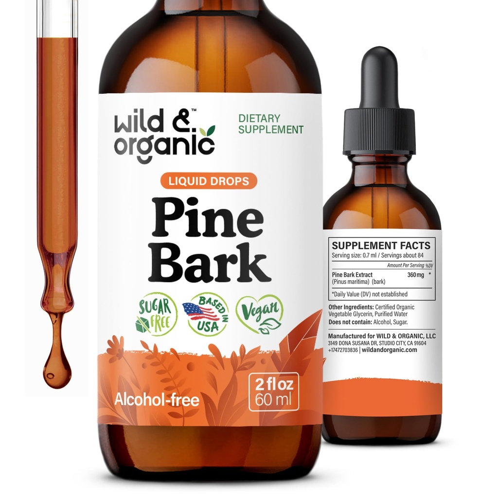 Wild & Organic Pine Bark Extract Tinktur - Antioksidant Support - Pinus Pinaster kosttilskudd - Fransk Maritime Bark flytende dråper - 2-måneders forsyning - Vegan, alkohol og sukker-fri - 2 fl oz