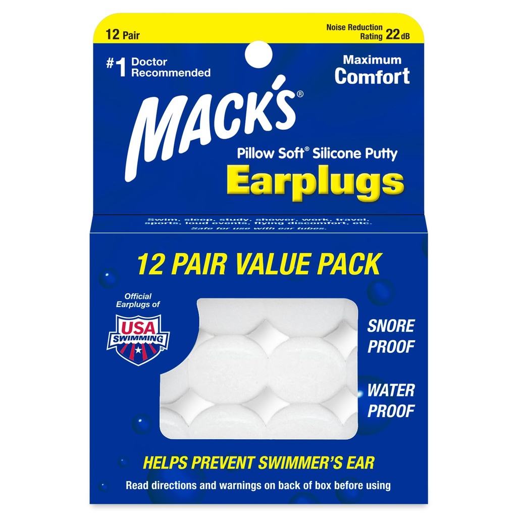 Mack's Pillow Soft Silikon ørepropper, 12 par - Den opprinnelige formbare silikon putty ørepropper for sovende, snorking, svømming, reise, konserter og studie i USA