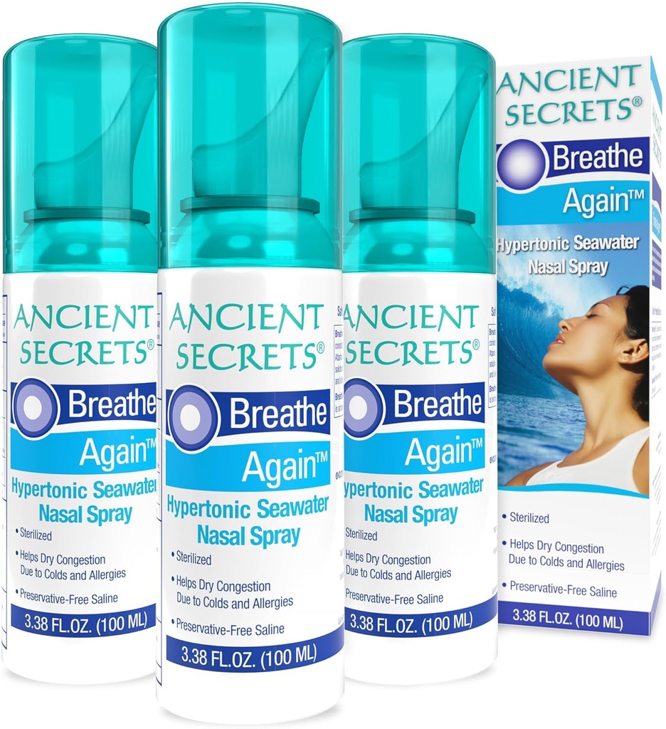 ANIENT SECRETS Saline Nasal Spray - puste igjen Hypertonic Seawater Nasal Spray, Allergy & Sinus Relief, Nasal Congestion Moisturizer, 3.38 Fl Oz (Pack of 3)