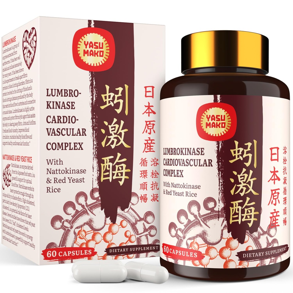 Lumbrokinase 100mg (maks aktivitet 1 000 000 LKU),Nattokinase 100mg-2.000 FU av aktivitet og rød yeast Rice 300mg, Potent Lumbrokinase Enzymer Supplement for sirkulasjon, Kognisjon, 60 kapsler (pakke av 1)