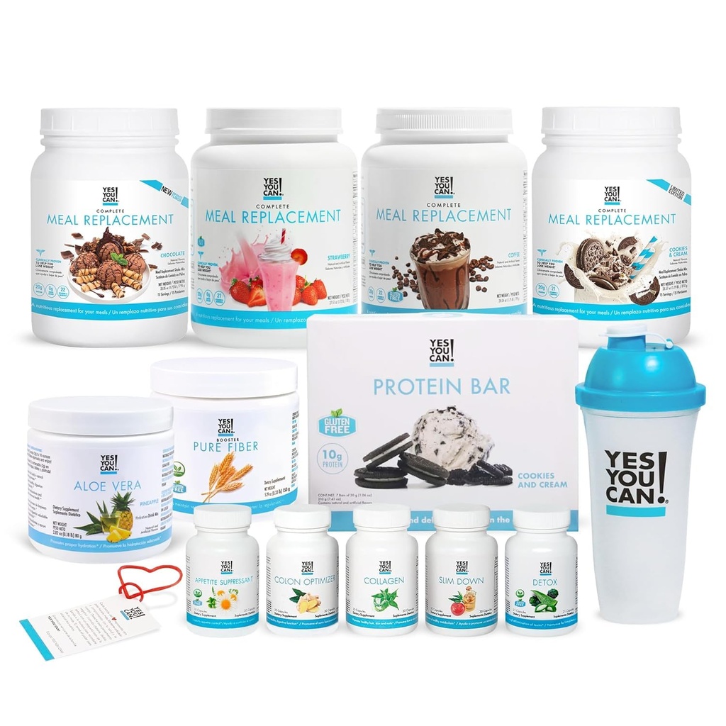 Ja du kan! Alt-i-ett Kit med måltidserstatningsshakes, Aloe Vera Drink Mix, Fiber Shake Mixer, Protein Snacks, Kosttilskudd - Komplett velvære Kit