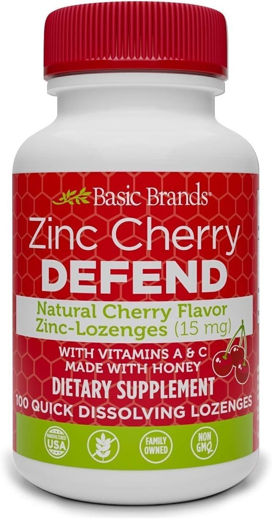 Grunnleggende merker – Zink Cherry Defend - 100 Lozenges - Naturlig Cherry Flavor Sink - Lozenges - Immun Boost, Cold Relief, Non-GMO, Zink Acetate & Vitamin C - 2-Pack