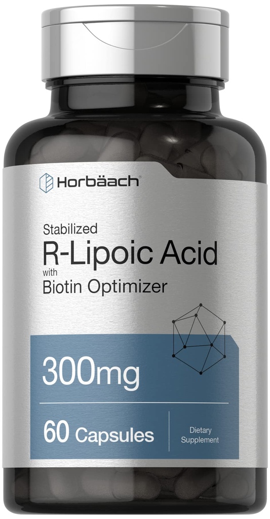 Horbäach Stabilized R-Lipoic Acid 300 mg | 60 kapsler | med Biotin Optimizer | Ikke-GMO, Glutenfri | Na-RALA Supplement