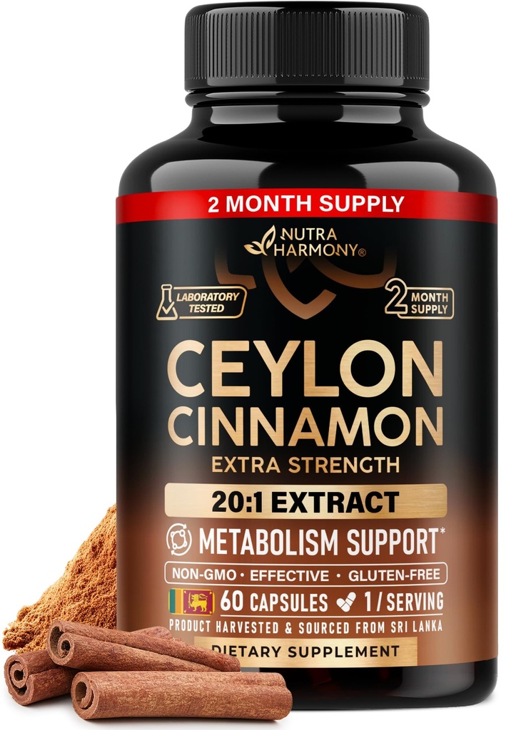 Ceylon kanelkapsler - Extra styrke - energi hjerte og metabolisme støtte for menn og kvinner - ren naturlig kanel 20:1 ekstrakt supplement - GMO & glutenfri - laget i USA - 60 kapsler 2 måned