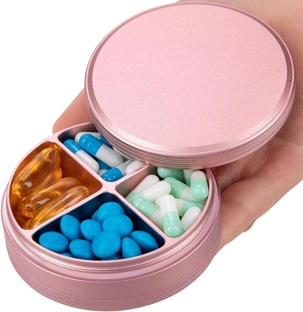 Metallpill Organizer 4 Sammenligninger - Bærbar reisepille sak Daglig, Vanntett pille boks for purse, Kompakt pilleholder medisin container dispensere for vitamin cod leverolje Supplement Pink