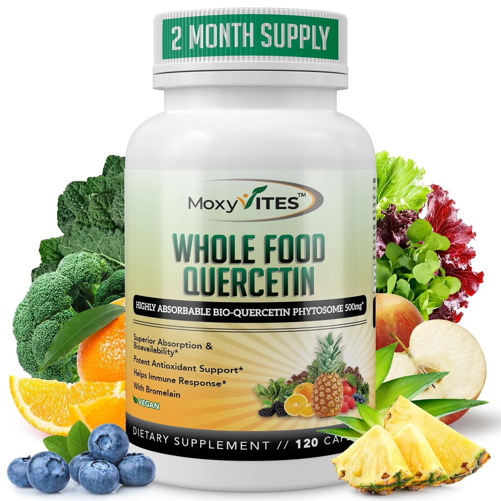 MoxyVites Quercetin med Bromelain 500mg Supplement - Bioactive Phytosom Complex, ren organisk hele mat sesongen støtte, antioksidant, 20X Absorpsjon og biotilgjengelighet-120 Caps