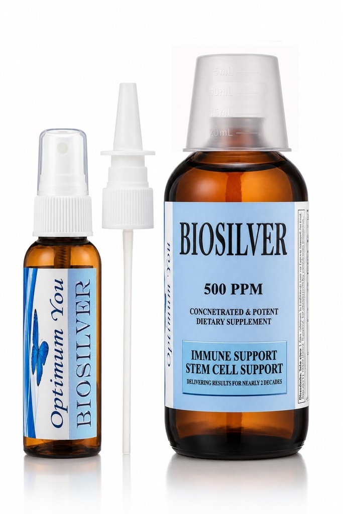 BIOSILVER | Colloidal sølvvæske | 500 ppm, ekstra styrke, 8 oz med sprøyteflaske | Immun & Stem cellestøtte | Sårpleie og superior healing