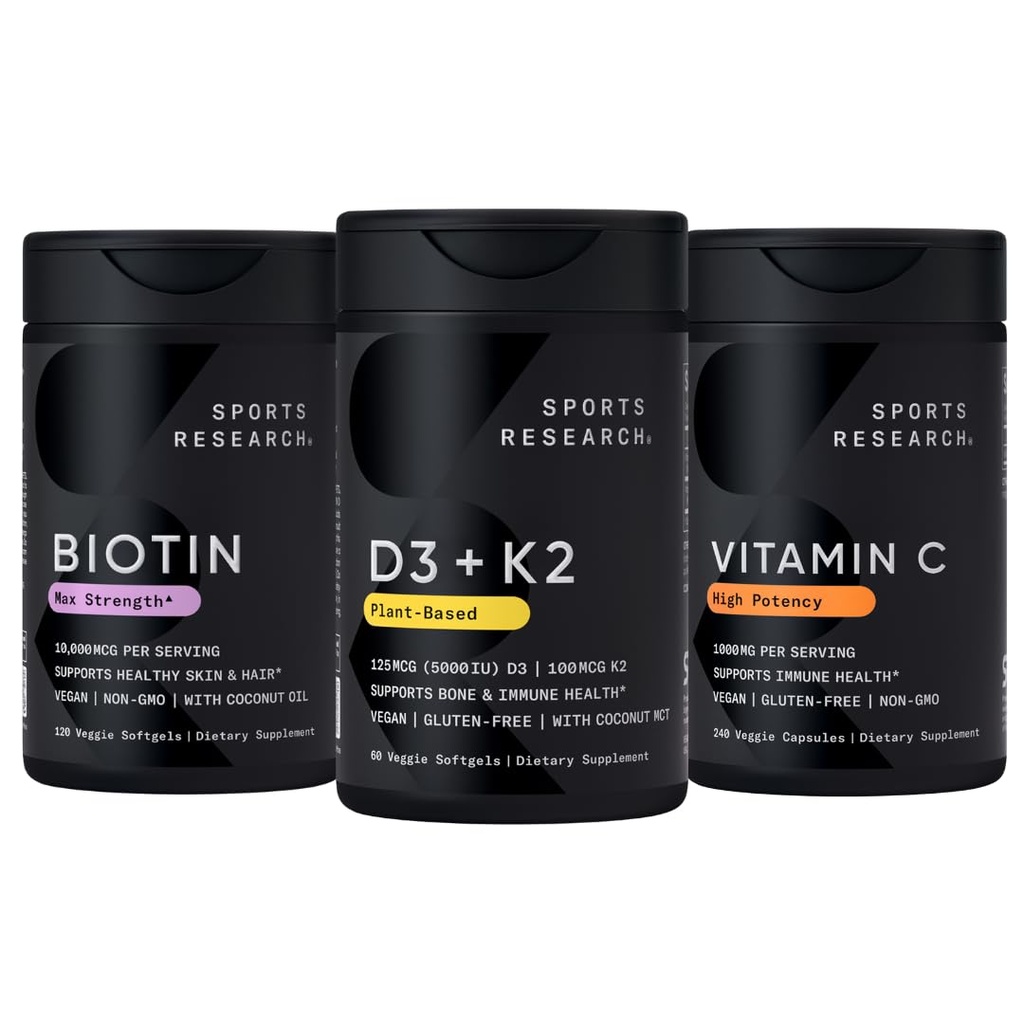 Idrettsforskning Vitamin D3 5000iu K2 100mcg, Vegansk Biotin 10.000mcg med kokosolje og høy potens vitamin C Supplement 1000mg