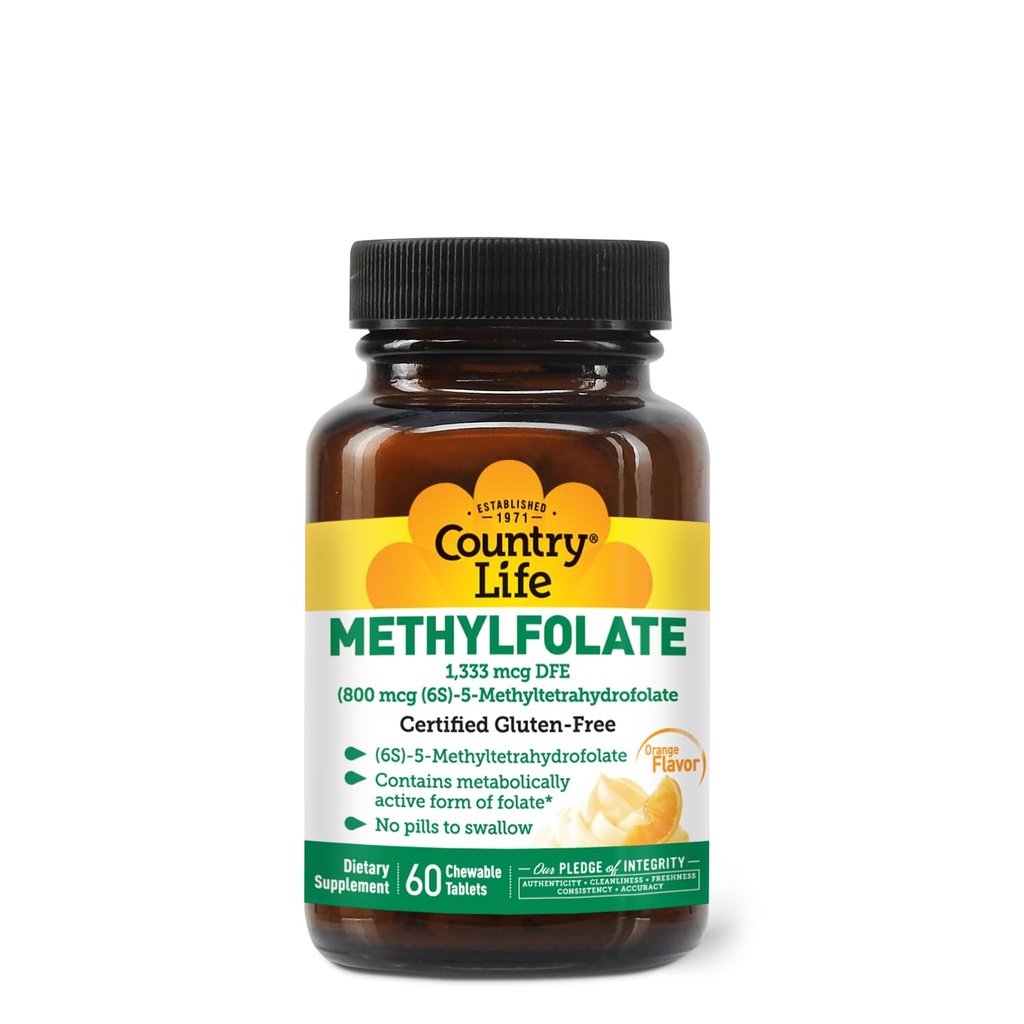 Country Life Metylfolat Chewable Tabletter - Metabolisk Active Folat - Great Tasting Orange Flavor - Glutenfri - Smooth Melts - Vegan B12 - Kvinners Vitaminer - Daglig Supplement - 60 Tabletter