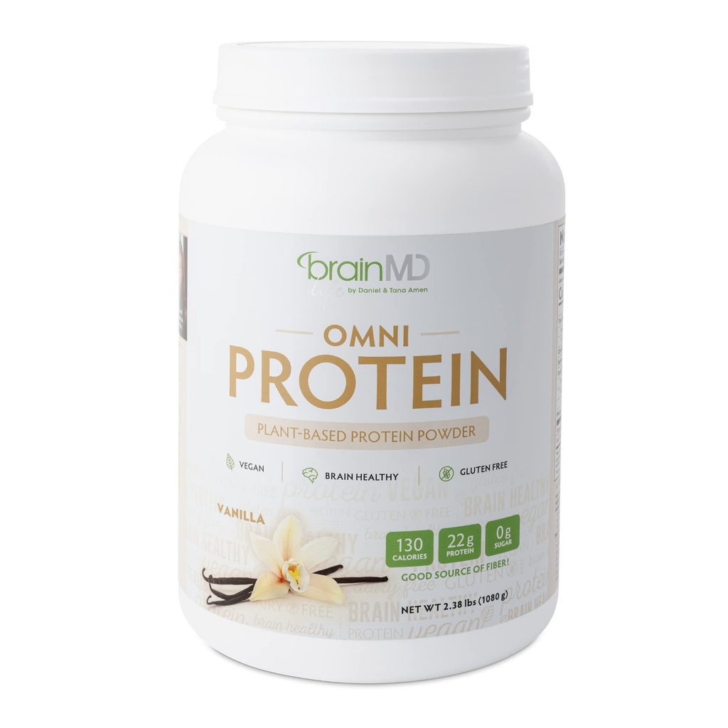 BrainMD Dr Amen Omni Protein Vanilla - 2.38 lbs - Plantebasert protein pulver - fremmer energi og trening gjenoppretting - Vegan, vegetarisk, sukkerfri, Glutenfri - 30 Services