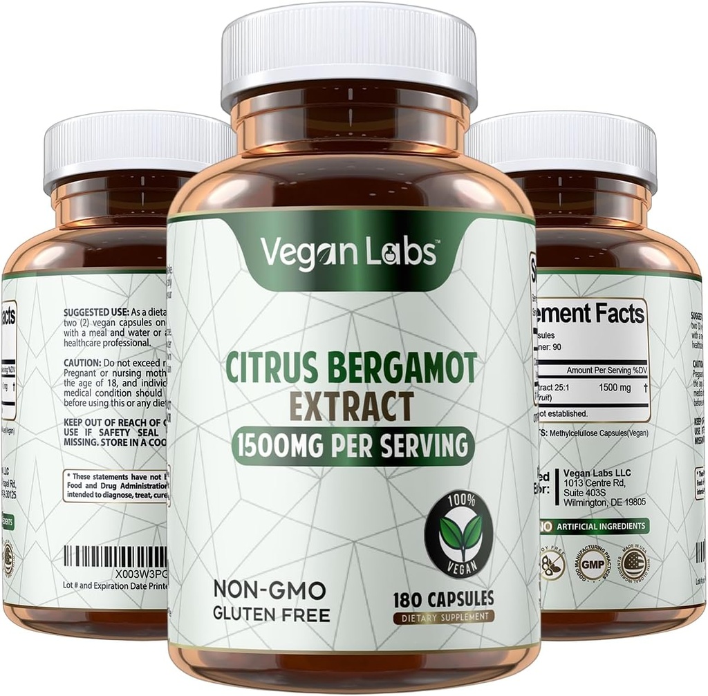Vegan Labs Citrus Bergamot Extract 1500MG- 180 Vegan Capsules- 25:1 Citrus Bergamia ekstrakt- støtter generell helse og antioksidant beskyttelse- Glutenfri, ikke-GMO