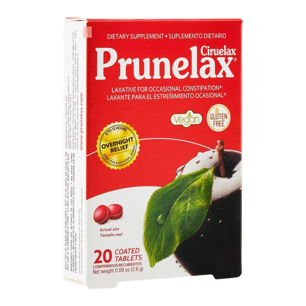 Prunelax Ciruelax Vanlig styrke Laxative Mini Tabletter - Overnatting Relief for anledninger, Senna ekstrakt, Vegan & Glutenfri, Gentle Relief - 20ct