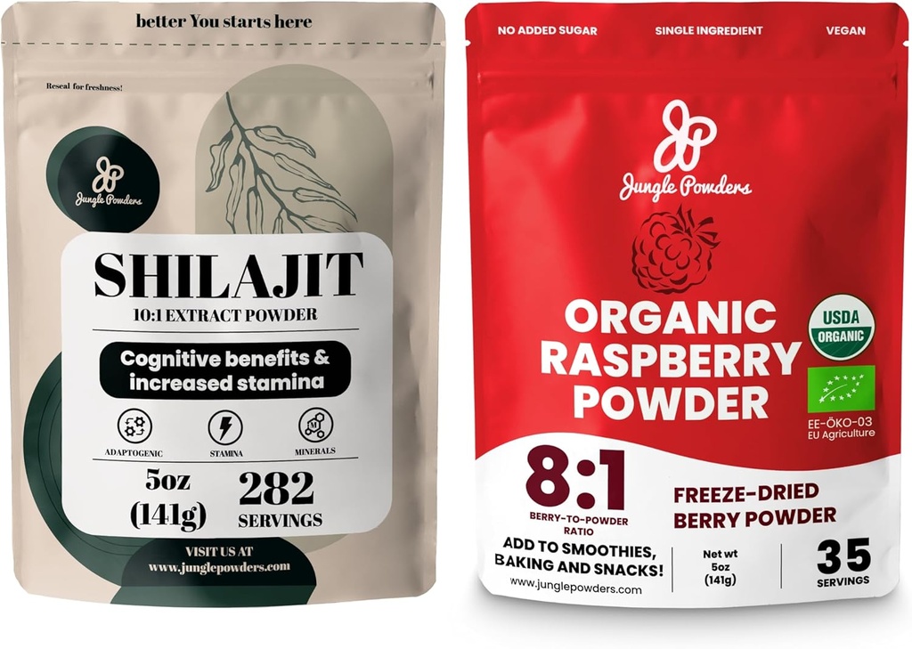 Jungle Powders Superfood Bundle: 5oz Raw Shilajit & 5oz Organic Raspberry Powder Combo - Energi støtte for menn, Immune Boost, USDA Certified Freeze-Dried Red Raspberry For Baking, Smoothies