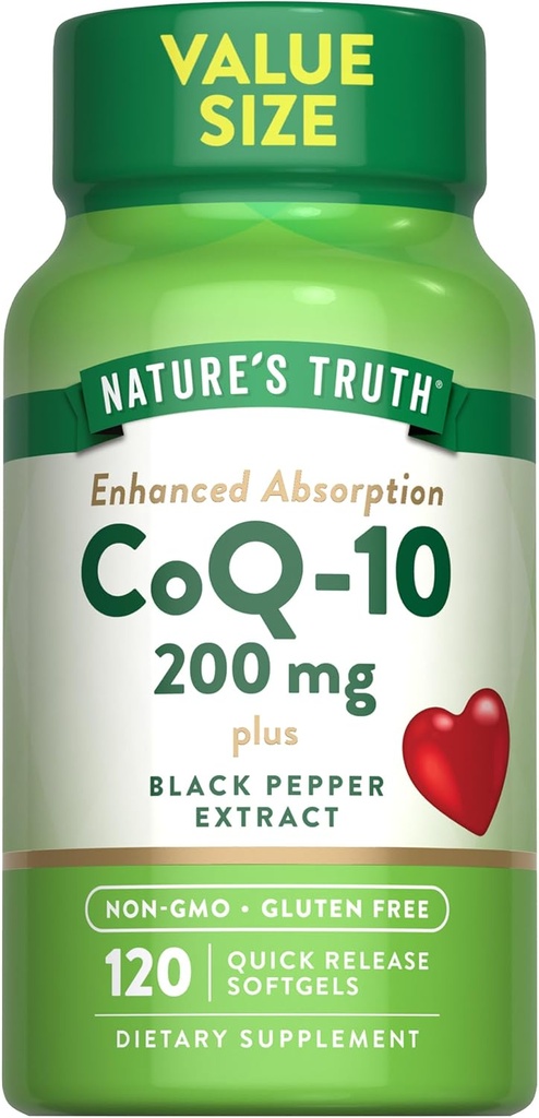 Naturens sannhet CoQ10 200mg | 120 Softgels | høy absorpsjon | Ikke-GMO & Glutenfri Coenzym Supplement | med svart pepper ekstrakt