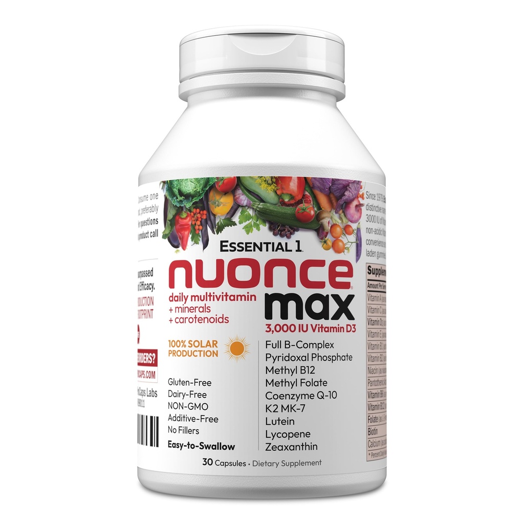 ANDREW LESSMAN Essential-1 nuonce max Multivitamin 3000 IU Vitamin D3 30 Små kapsler. 100mg Metyl B12. CoQ10 Lutein Lycopen Zeaxanthin. Høy styrke. Ingen additiver. Ultra-Mild En daglig kapsel