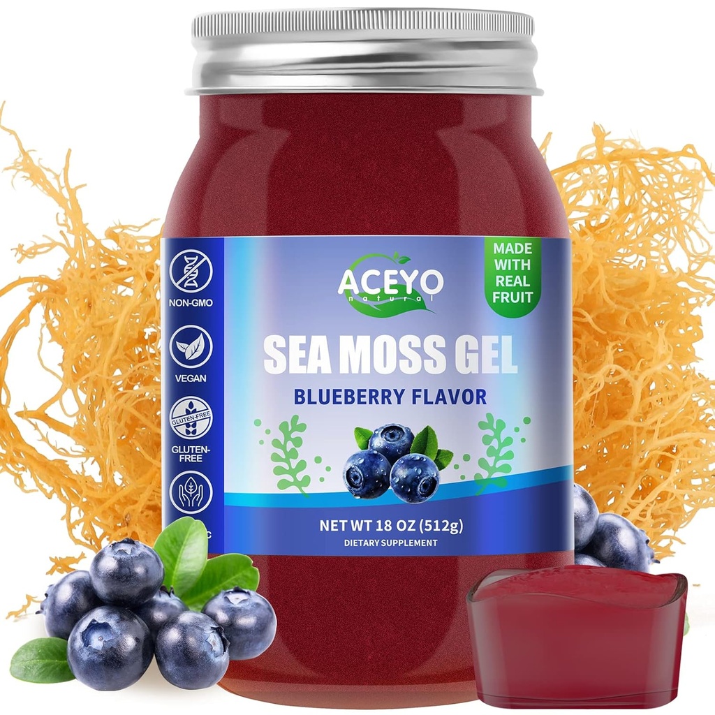 ACEYO (18 OZ) Irish Sea Moss Gel Organic Raw Vegan Blueberry Flavor 102 Vitaminer og mineraler Wild Harvested Ikke-GMO Immune Defense Booster Thyroid Digestiv støtte