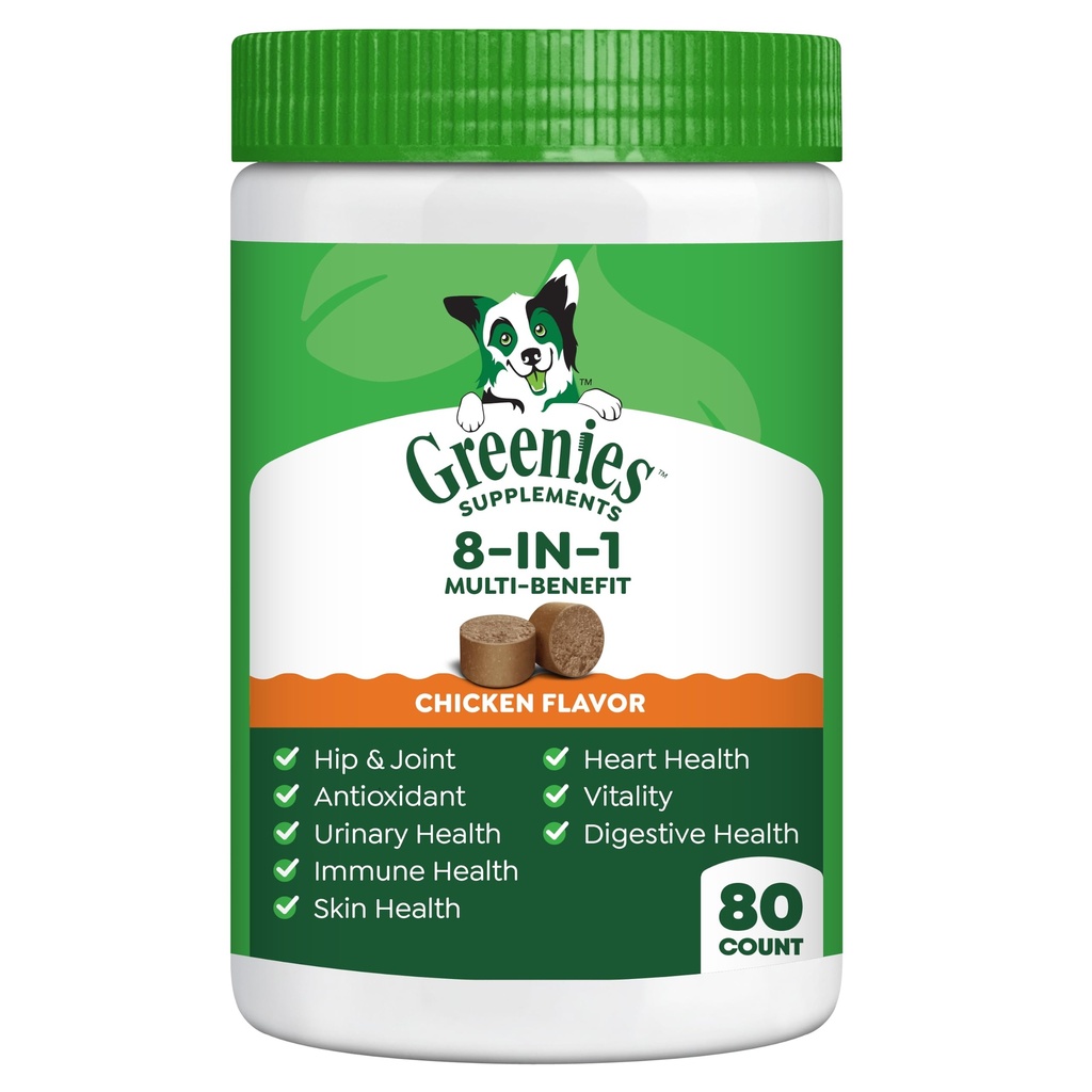Grønner Hunde Kosttilskudd 8-i-1 Multi-Benefit Kylling Flavor, 15,5 oz. Container, 80 greve