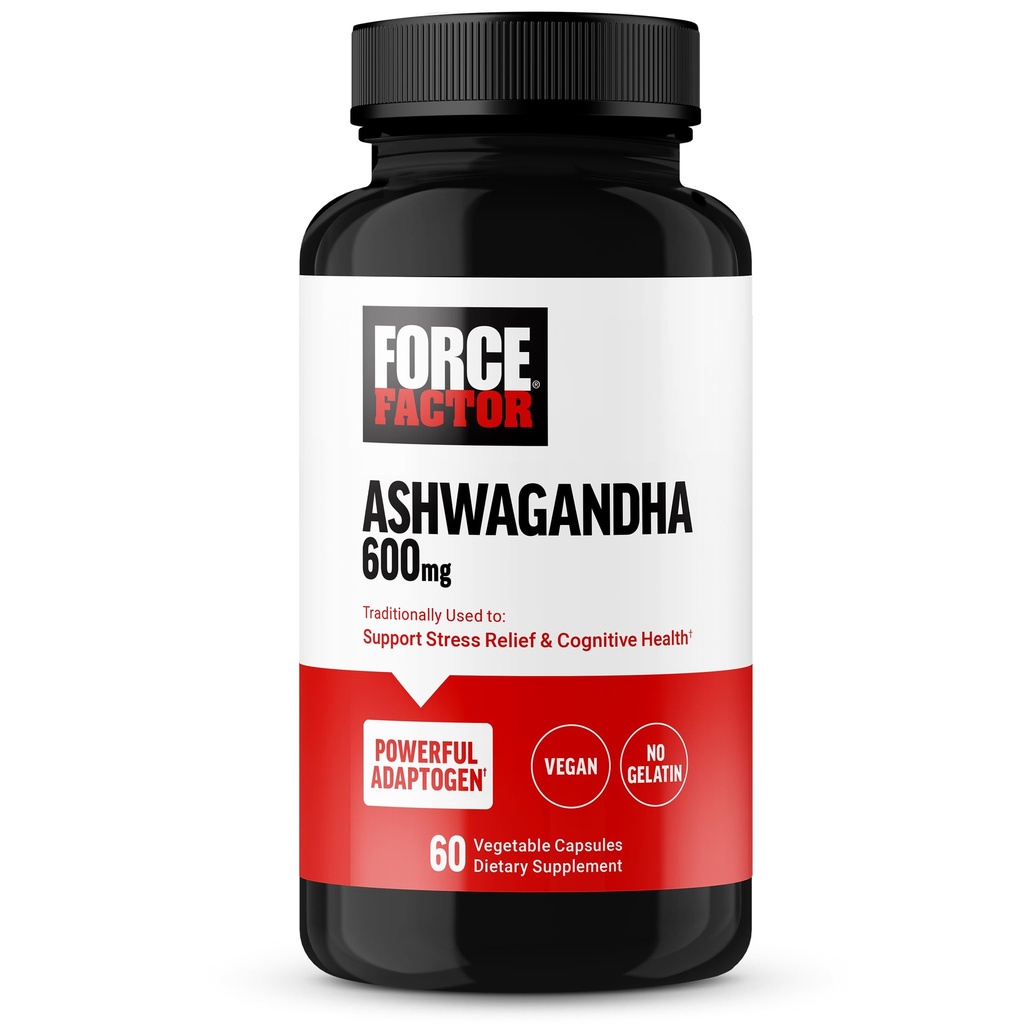 FORCE FACTOR Ashwagandha Kosttilskudd laget med Premium Vegansk Ashwagandha pulver, Adaptogens å støtte stress og kognitiv helse, ingen gelatin, ikke-GMO, 60 kapsler