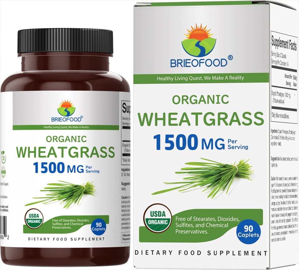 Brieofood organisk hvetegras 1500mg, 45 serveringer, vegetarisk, glutenfri, 90 vegetariske tabletter