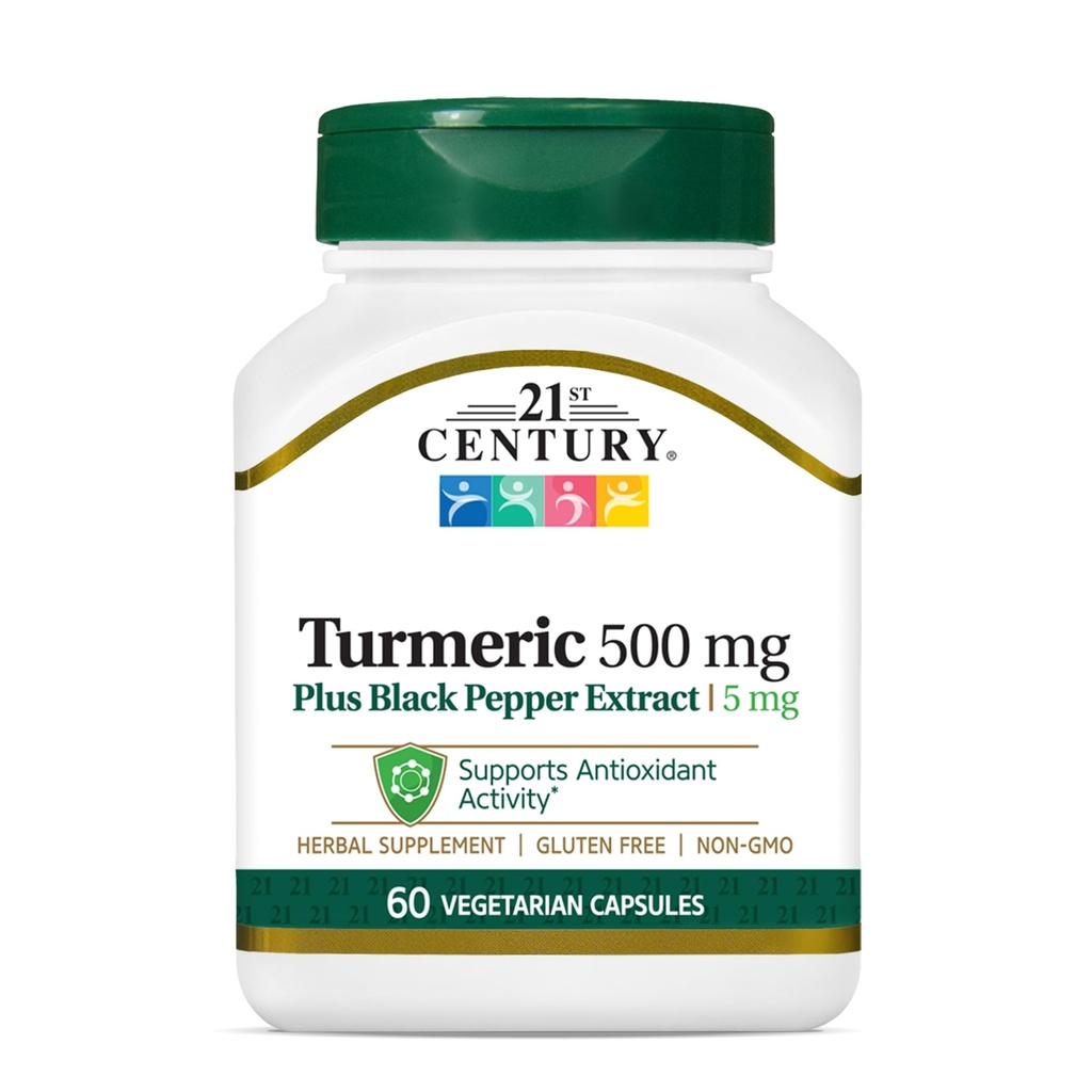 21st Century Turmeric 500 mg Plus svart pepper ekstraksjon vegetariske kapsler, 60 Count