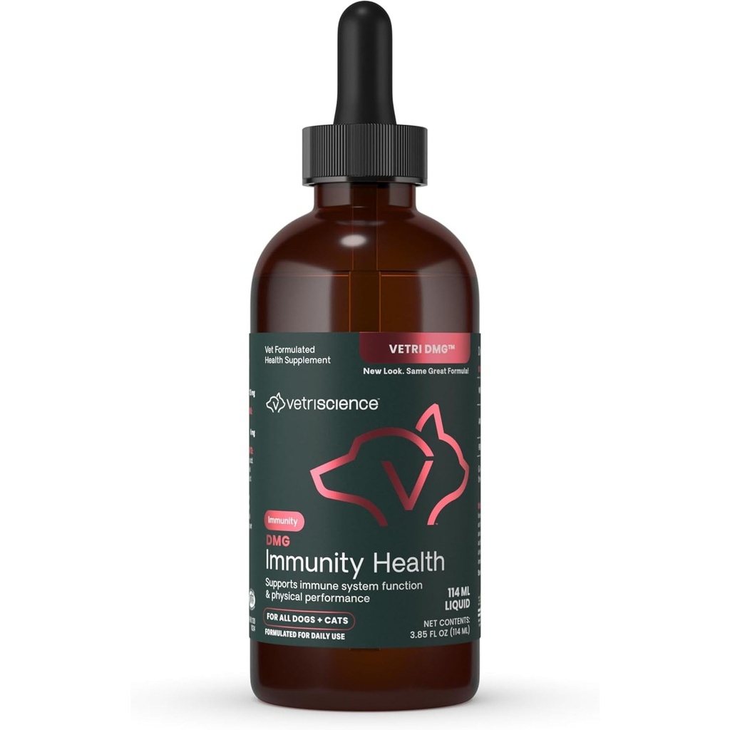 VETRISCIENCE DMG Immunitet Helse Easy-Dose væske, Vetri DMG immunstøtte Supplement for hunder og katter, Hypoallergenic, Støtteytelse, Stamina, Immunrespons, DMG (Dimetylglycin), 114 ml