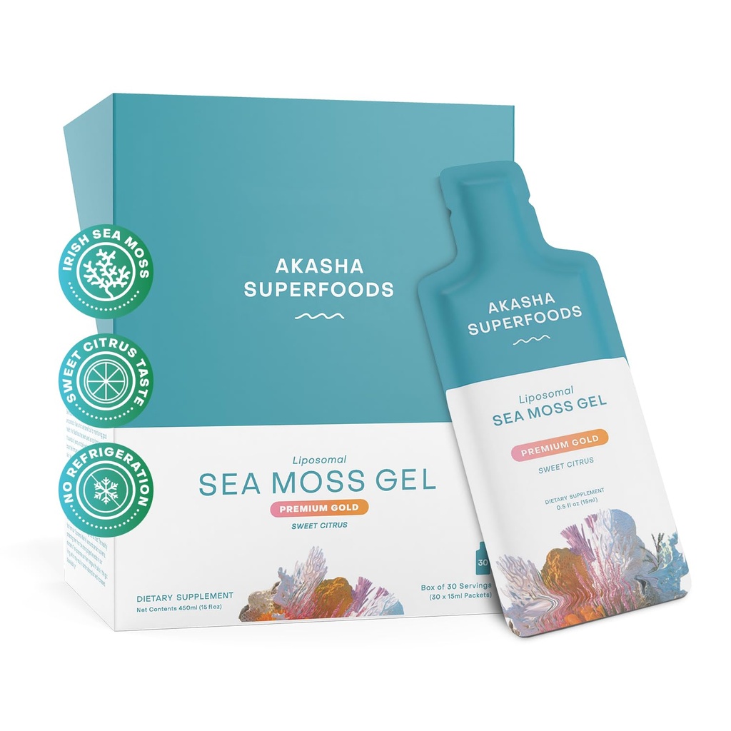 Akasha Superfoods Irish Sea Moss Gel, Liposomal Seamoss med Irish Sea Moss, Vitamin E, Citrus, Organic Vanilla, Glycerin, Hud, Energi & Gut Helse Støtte for kvinner og menn, Sweet Citrus Flavor, 30 Ct