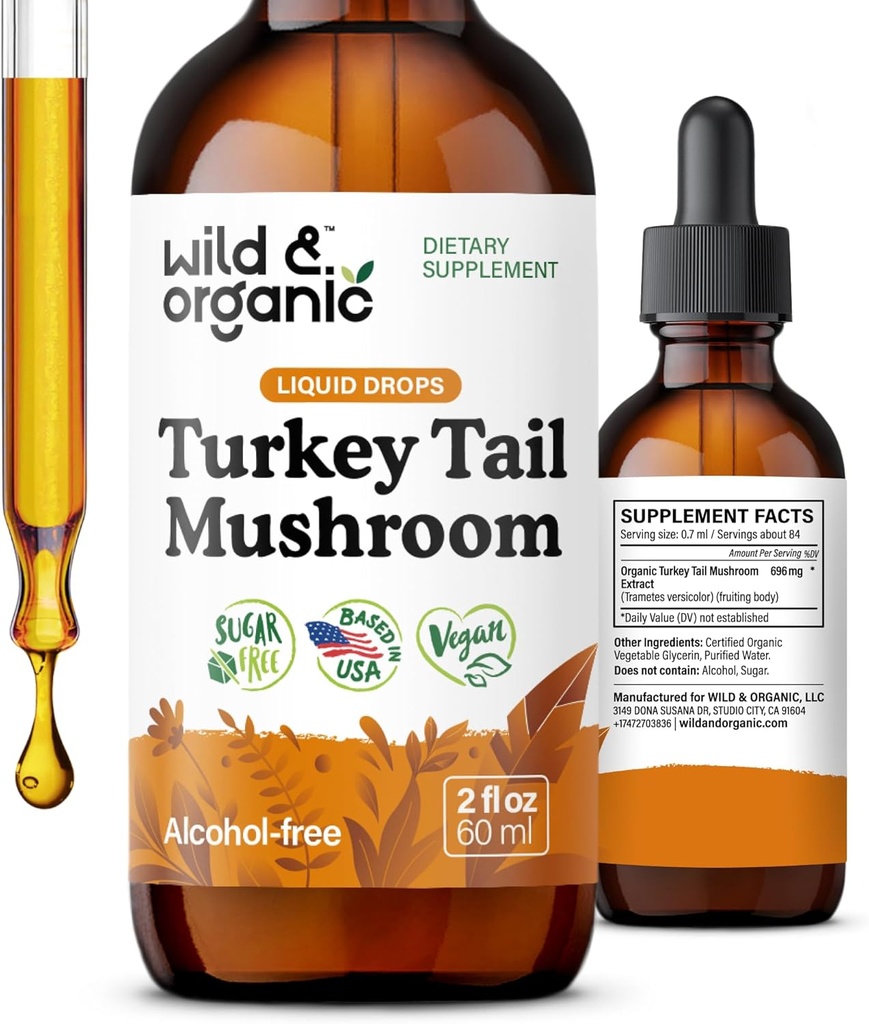Wild & Organic Turkey Tail Tinktur - Immun & Gut Support - Tyrkia Tail Mushroom Extract Drops - Vegan, Sukker & alkoholfri flytende Supplement - 2 fl oz