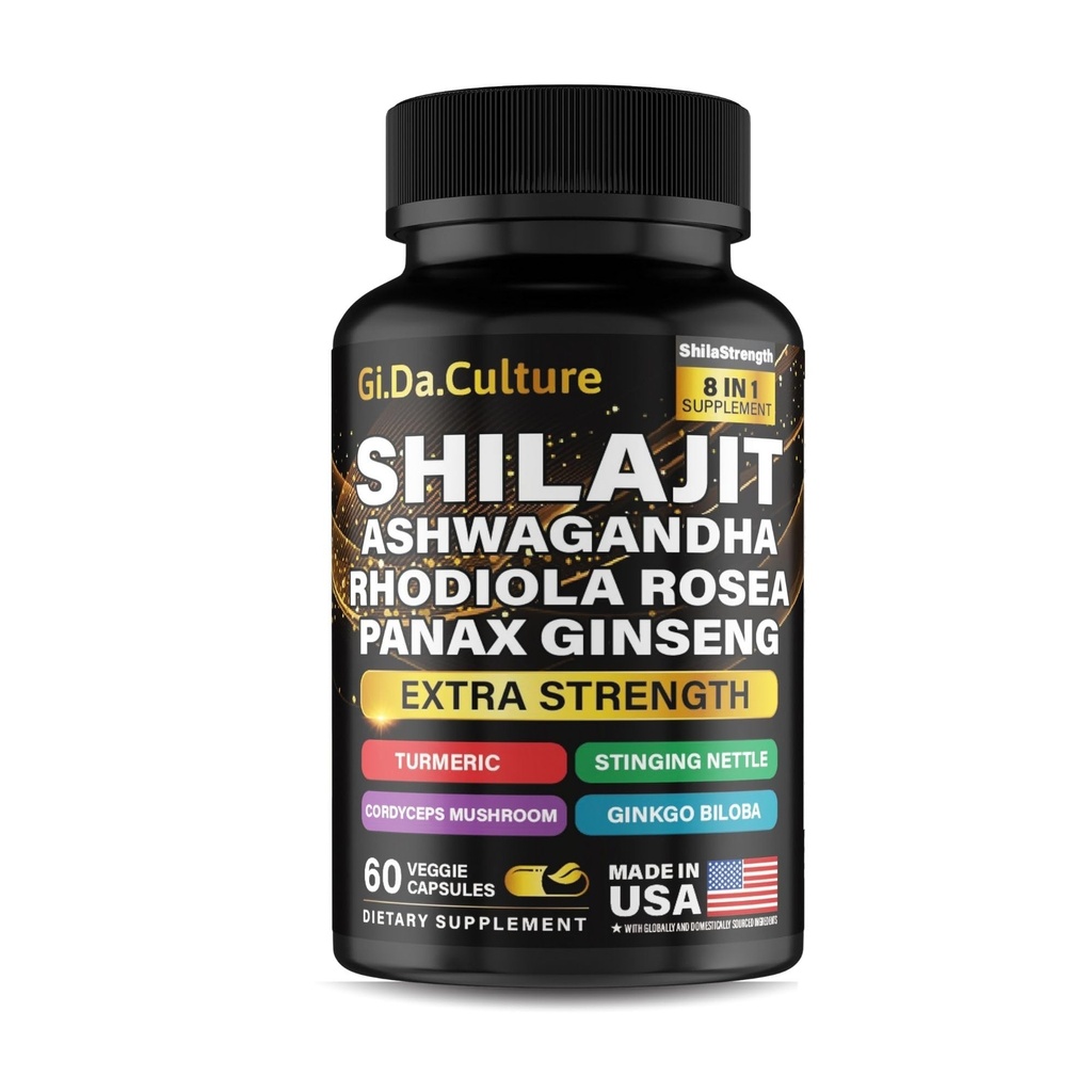 Shilajit Ashwagandha Rhodiola Rosea Panax Ginseng - for menn og kvinner - Shilajit Kapsler - 60 Veggie Kapsler