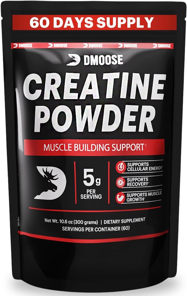 DMoose Kreatin Monohydrat pulver - Kreatin pulver for muskel gevinst og gjenoppretting Supplement - 300g Per Serv (5g) 2 Scoops - 60 Serveringer