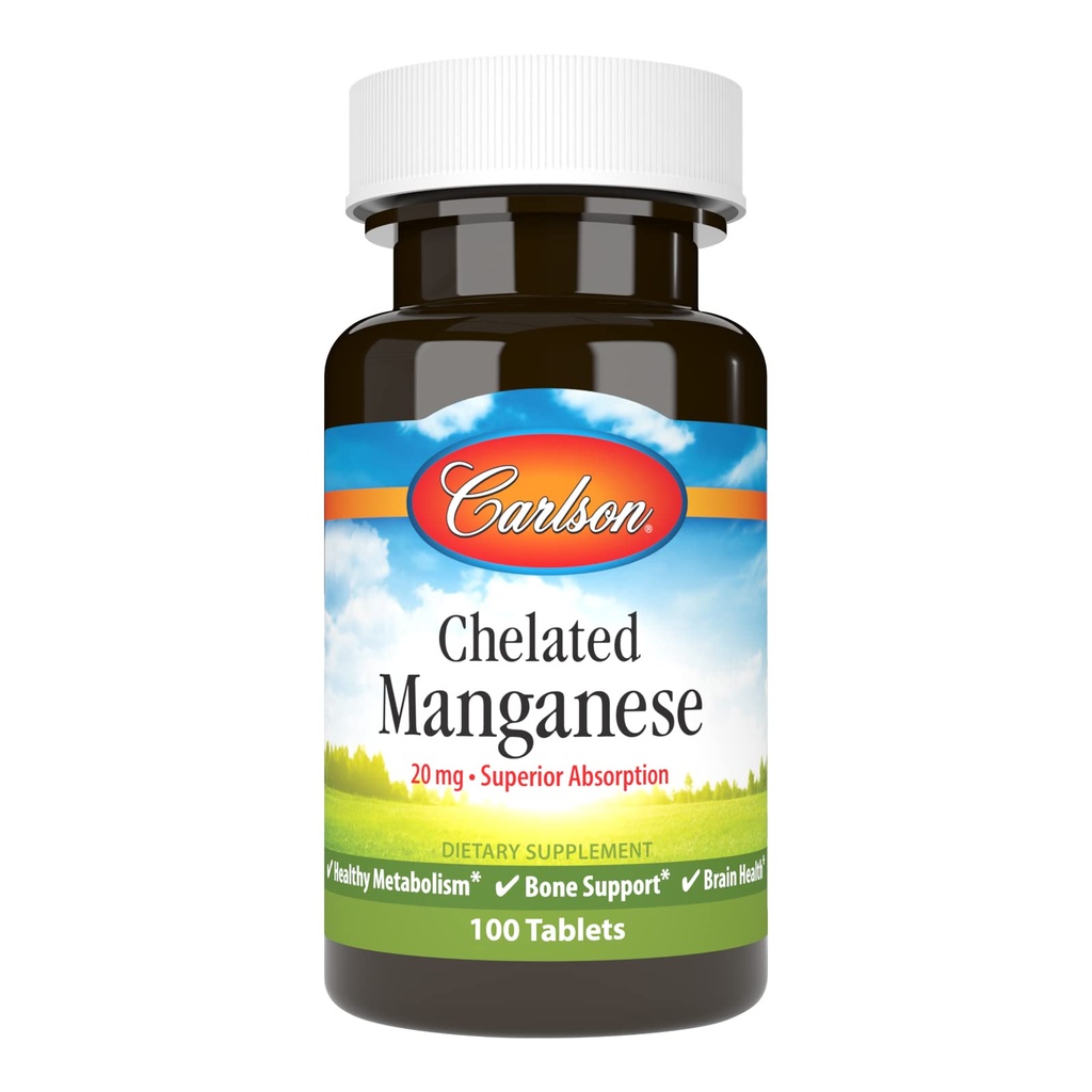 Carlson - Chelated Manganese, 20 mg, Superior Absorpsjon, sunn metabolisme, beinstøtte og hjernehelse, 100 tabletter