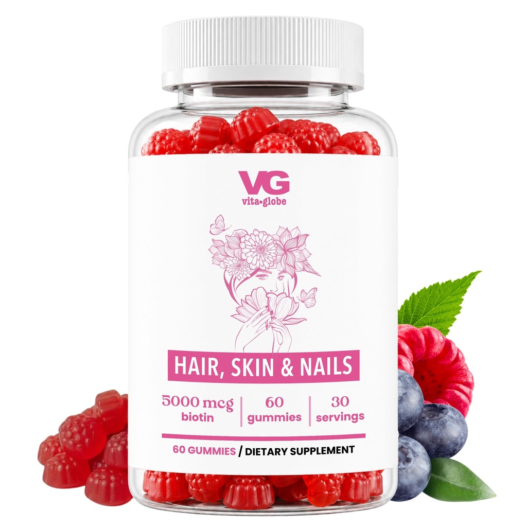 VITA GLOBE Hår, hud og negler + collagen gummies – 20 mg med vitaminer A, C, D, E, B6 & Biotin | Skjønnhet og velvære Supplement for sunn hårvekst, strålende hud og sterke negler – 60 tall (pakke med 1)