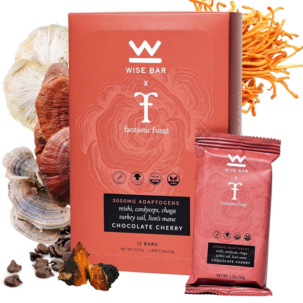 Wise Bar Adaptogen Mushroom ernæringsbarer med Reishi, Lions Mane & Ashwagandha, Økologisk Vegan & Glutenfri Snacks for naturlig fokus, Energi og immunitetsstøtte, Sjokolade Cherry Flavor, 12 greve