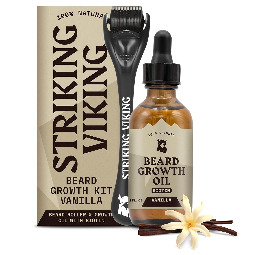 Striking Viking Beard Growth Oil - 2 fl oz, Pakke med 1, Vanilla - Tykking Beard Oil med Jojoba & Argan ekstrakter - Fremmer ansiktshårvekst og mål Patchy områder - Biotin Forsterket