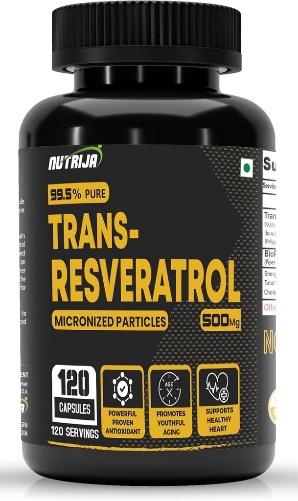 Trans Resveratrol 500MG Capsules - 99,5% ren mikronisert og svært biotilgjengelig kosttilskudd | Slow Down Aging, Proven Kraftig anti-Oxidant | forbedrer metabolisme og hjerte helse (120 kapsler)