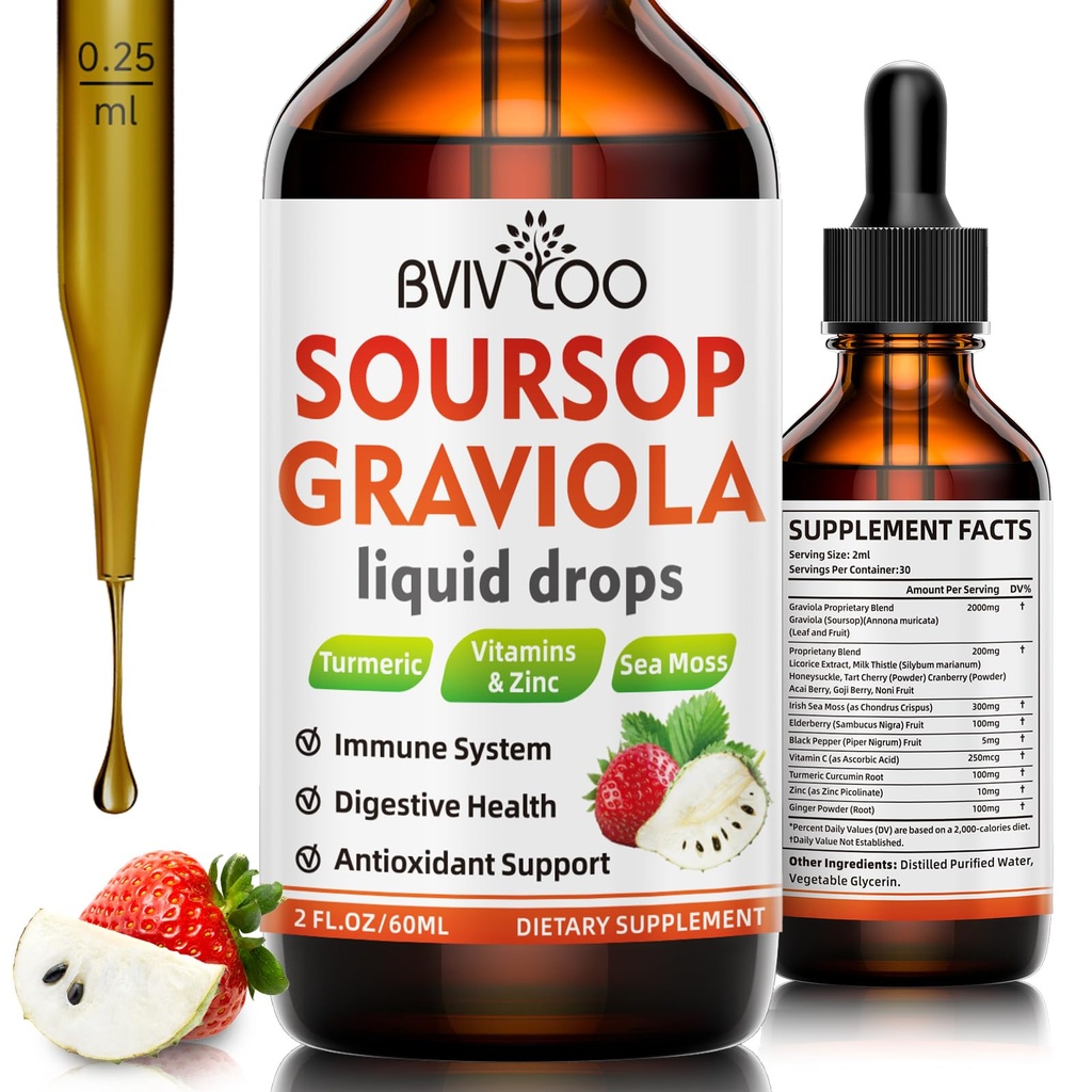 Soursop Graviola flytende dråper til cellestøtte og regenerasjon, immunforsterkning, slappe av, lever og søvn, Soursop biter flytende, sukker / glutenfri, naturlige jordbær flavor - 2 Fl Oz (60ml) flaske