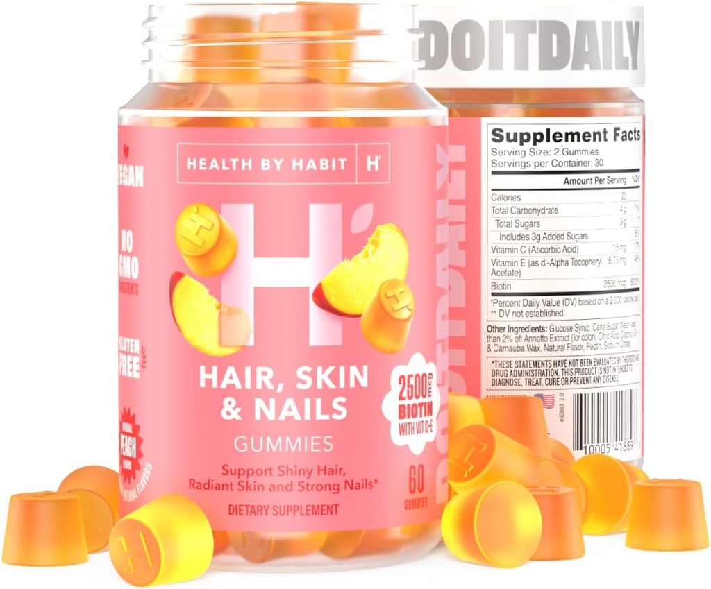 Helse ved habithår, hud og negler Supplement (60 gummier) - 2500mcg Biotin, vitamin C, vitamin E, sterk negler, ferskenflavor, vegansk, glutenfri, ikke-GMO