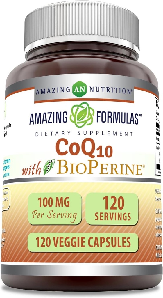 Amazing Formler CoQ10 med BioPerine 100 mg | Vegetariske kapsler Supplement | Ikke-GMO | Glutenfri | Laget i USA (1 Pakke | 120 Count)