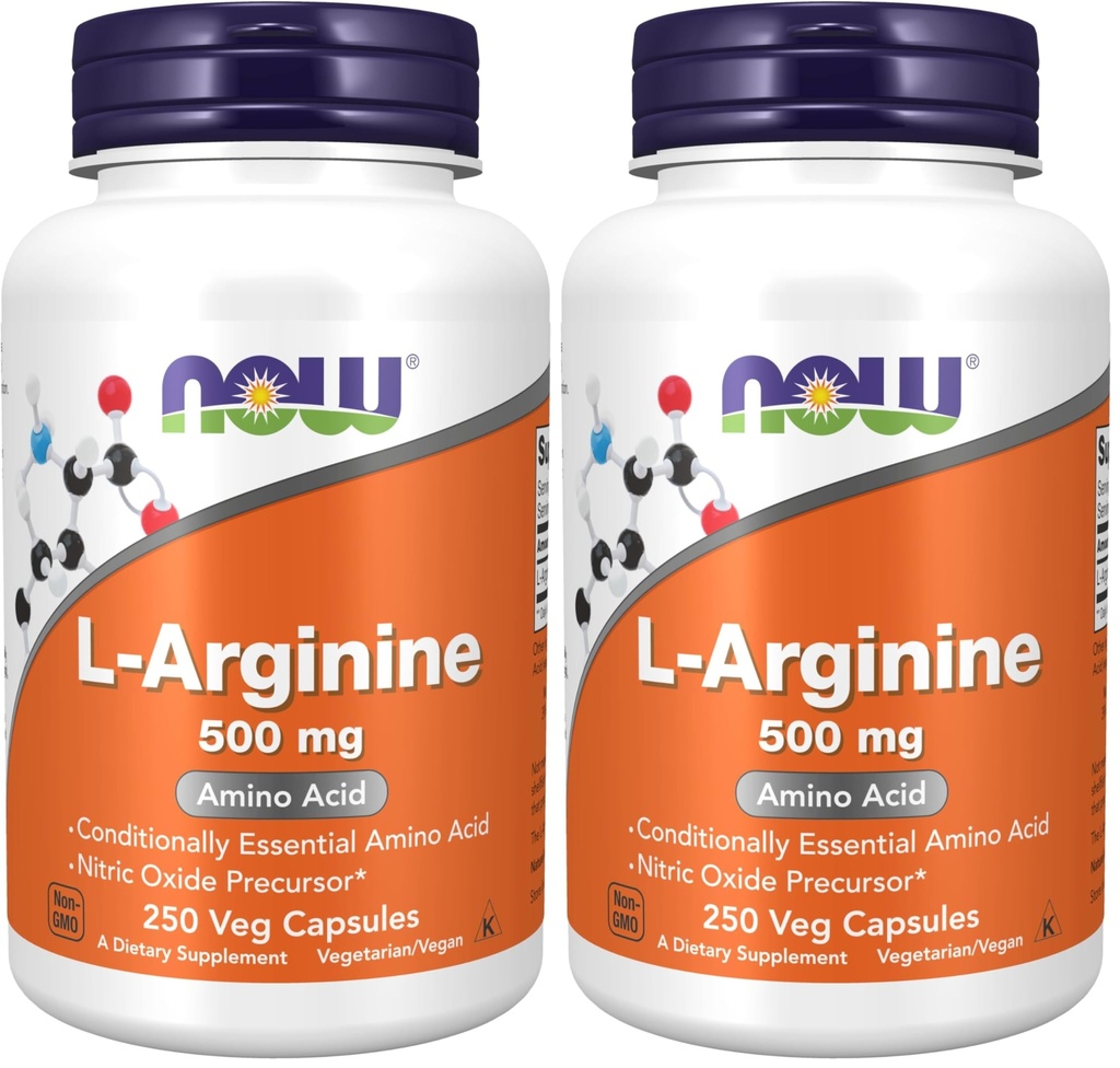 NU Kosttilskudd, L-arginin 500 mg, Nitric Oxid Precursor*, Aminosyre, 250 Veg Kapsler (Pack of 2)