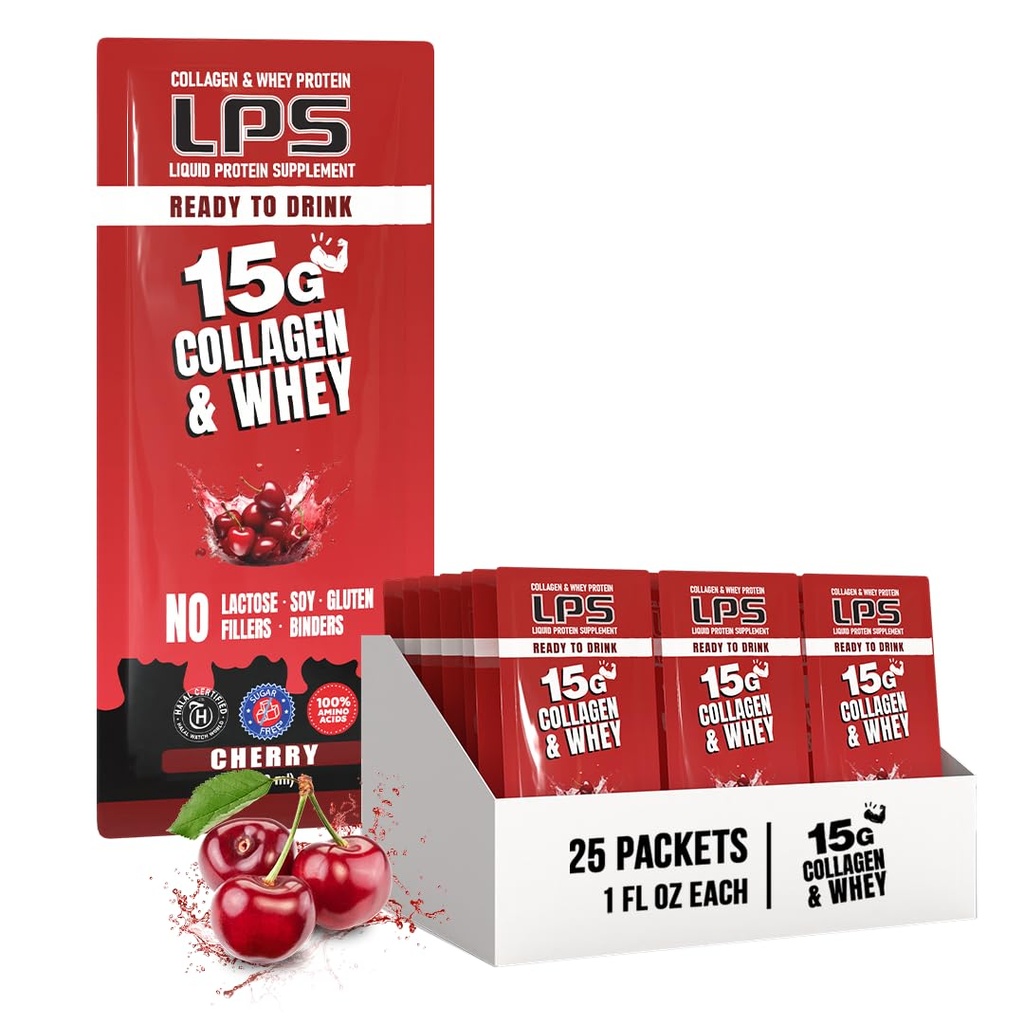 Ernæringell design LPS flytende kollagen og Whey protein Supplement - ikke-GMO drikke, sukker-fri - fremmer sunn hud og hår for menn og kvinner, Cherry, Single Server (25 pakker)