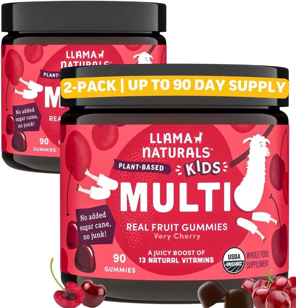 Llama Naturals Kids Multivitamin Gummies, Vegansk, Organisk med vitamin D, C & K, Toddler Ekte frukt Gummy vitaminer, Chewable Supplement, Hele maten Multivitamin, Ingen tilsatt sukkerrør, Cherry, 2 stk