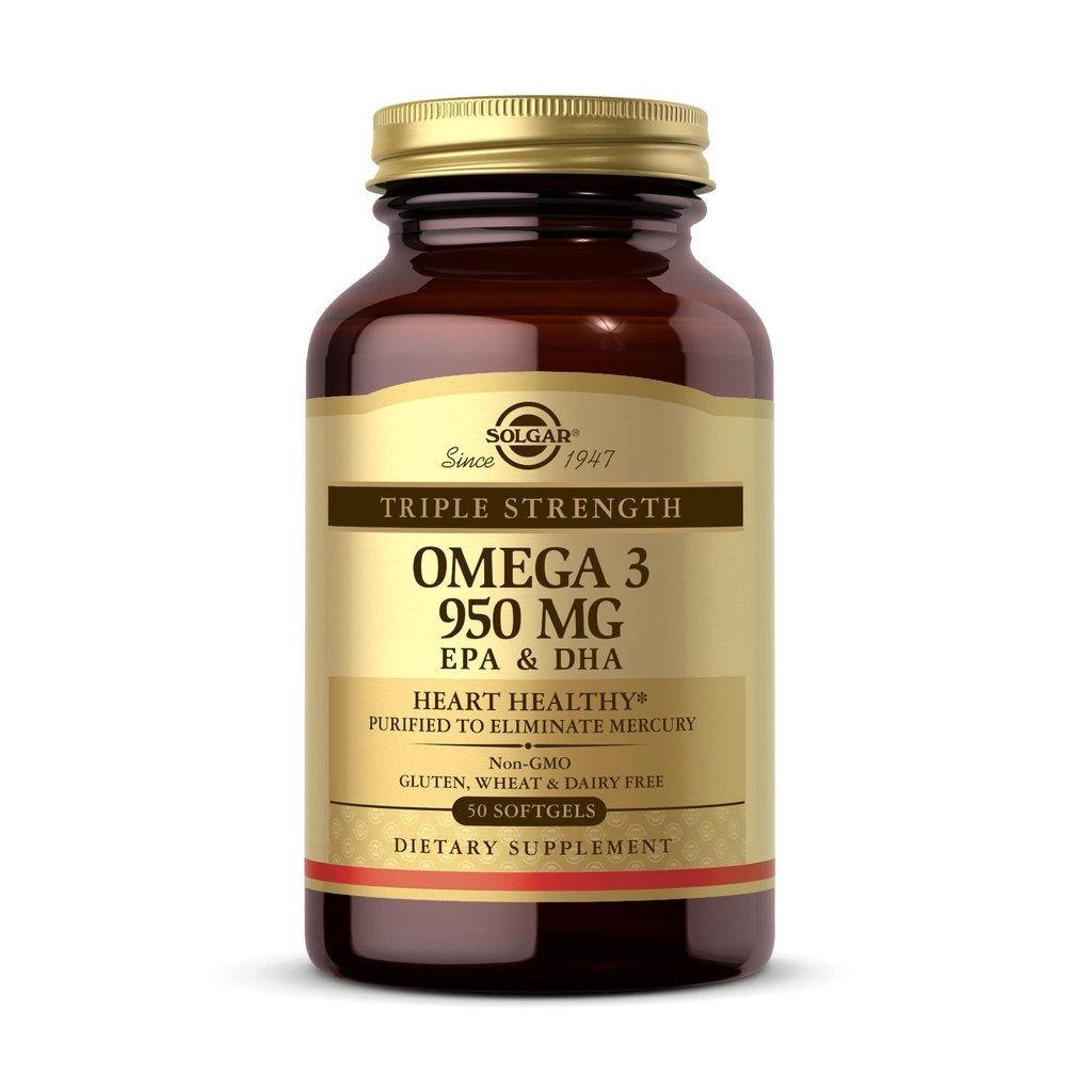 Solgar Triple Styrke Omega 3 950 mg - 50 Softgels - Støtter Joint & Skin Health - Ikke-GMO, Glutenfri, Dairy Free - 50 Services