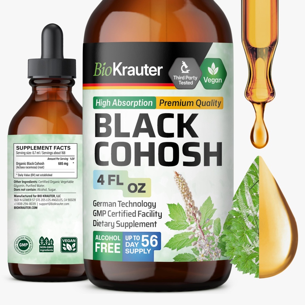 BIO KRAUTER Black Cohosh Tinktur - Vegansk Svart Cohosh Kosttilskudd Kvinner Støtte - alkohol og sukker gratis - 4 Fl.Oz.