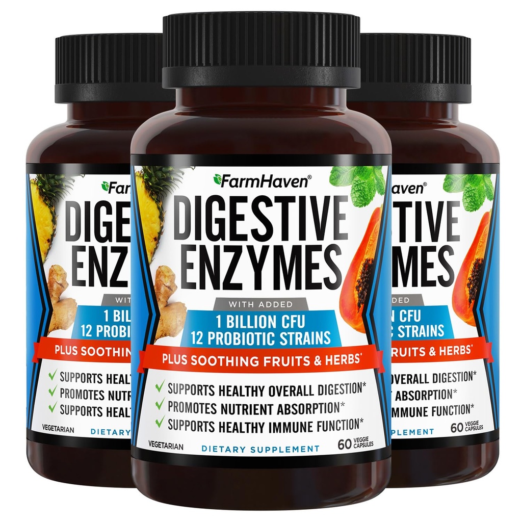 FarmHaven Digestive Enzymer med 18 Probiotika og urter | Papaya, Bromelain, Protease og mer for Laktose Absorpsjon og bedre Digestion | Hjelper Bloating, Gass, Blondiner | Vegetarisk, 180 Kapsler